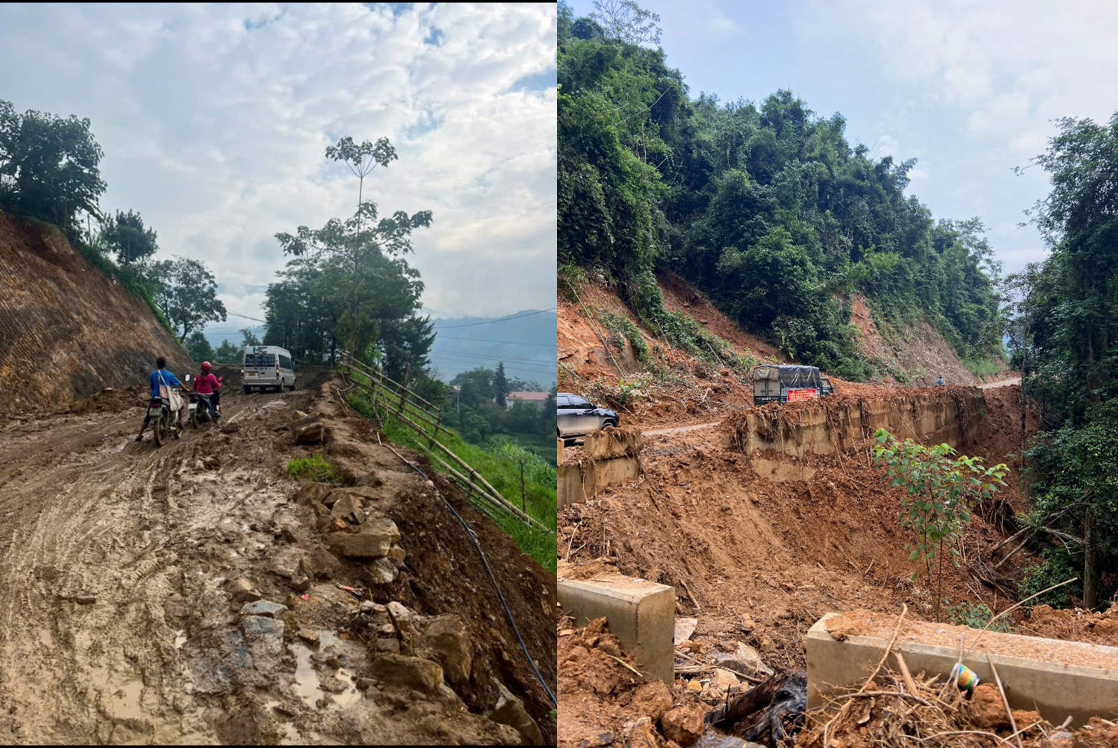 The road to A Lu commune, Bat Xat district, Lao Cai province still has traces of landslides caused by floods, making traffic difficult.