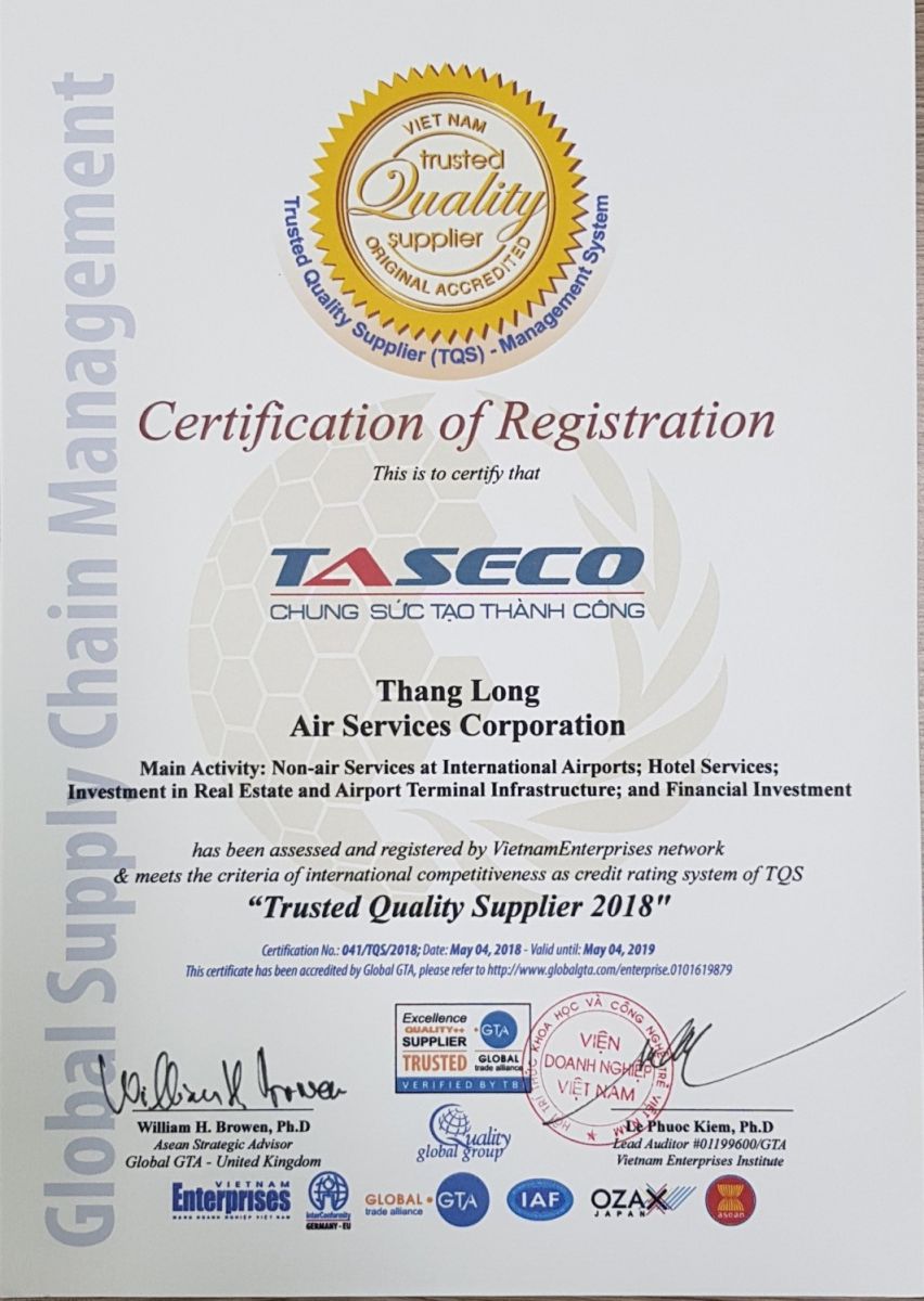 Certificate of quality supplier index