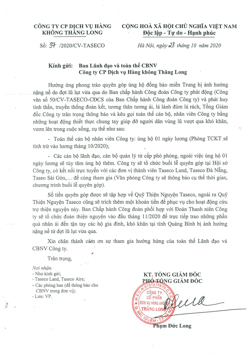 Content of the Official Letter calling for support for flood victims in Central Vietnam by Taseco Company
